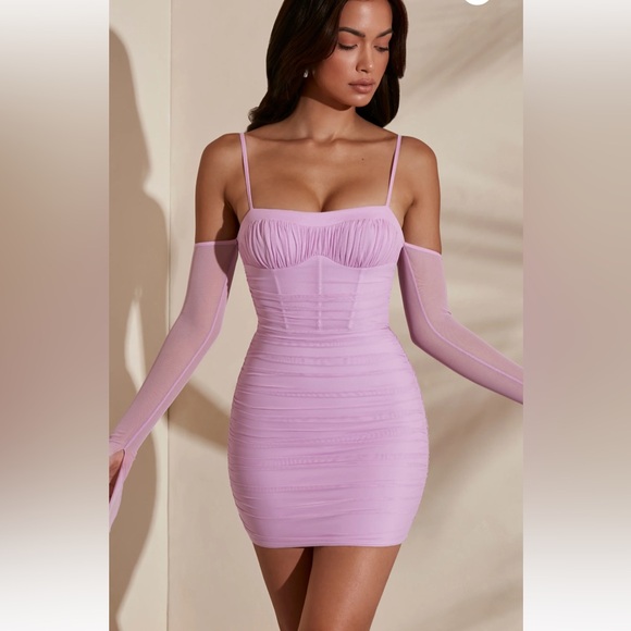 Oh Polly Corset Bustier Bodycon Ruched Fitted Mini Summer Dress in Pinky Lilac - Picture 3 of 14